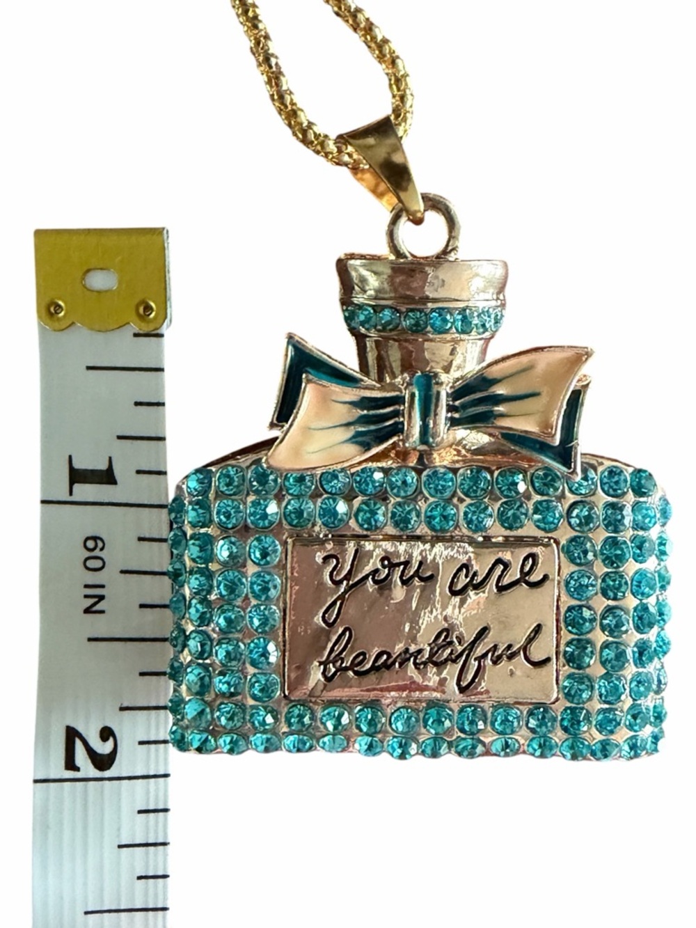 Betsey Johnson Perfume Bottle Pendant Necklace You Are Beautiful Aqua Crystals - Picture 7 of 8